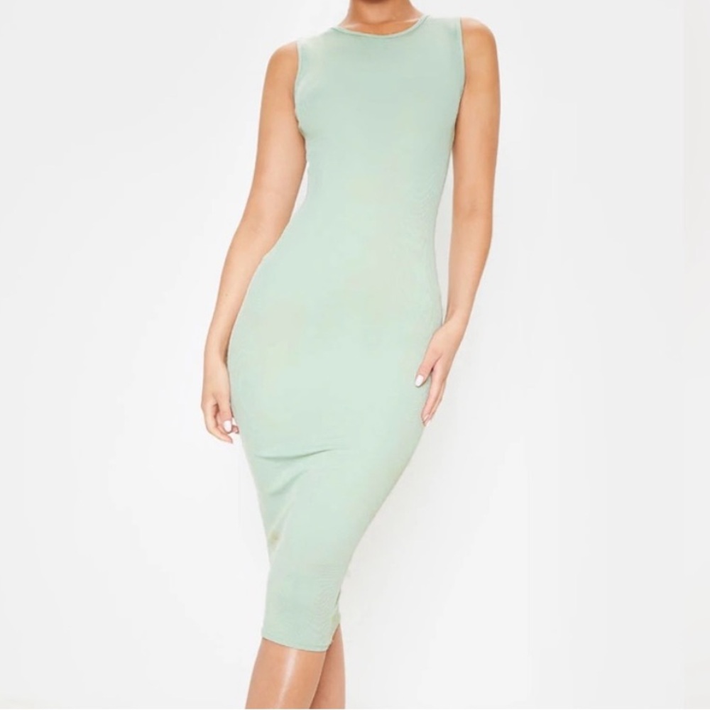 NEW PrettyLittleThing Sage Green Ribbed Midi Dress
